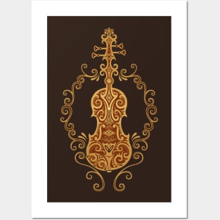 Intricate Brown Tribal Violin Design Posters and Art